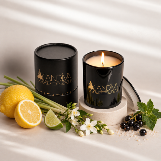 Candiva Daydream candle in a glossy black and gold jar with matching presentation tube, styled with lemon, lime, lemongrass, jasmine and black currants.